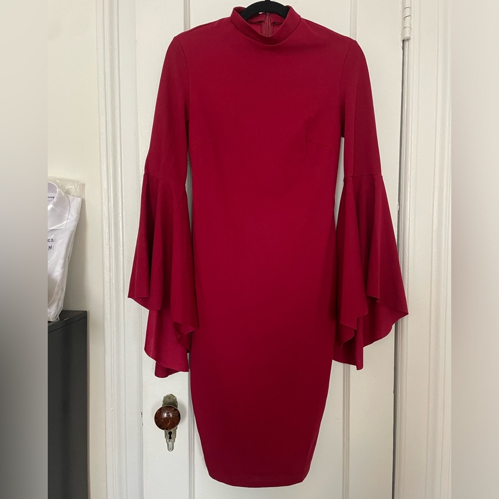 Mock neck red flair sleeve fitted dress